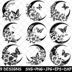 Sichel Mond Floral Lunar Schmetterling Himmlische Blume Laser Datei SVG PNG JPG Brennen Bild geschnitten Vektor Untersetzer Schwarz Weiß Cnc Holz