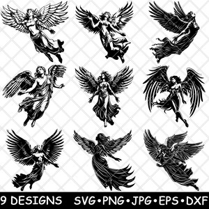 Angelo volante, ali spiegate, bellezza eterea, sacro guardiano, file laser SVG, PNG, JPG, scala di grigi, brucia l'immagine, taglio, vettore, sottobicchiere, nero, bianco, legno CNC
