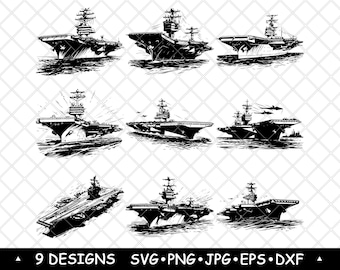 Aircraft Carrier SVG Bundle Naval Warship Clipart Military Vessel Designs Laser Engraving Art Print