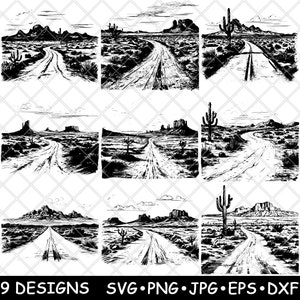 Desert Road Mojave Sonoran Saguaro Sandy Highway Route Laser File SVG PNG JPG Grayscale Burn Image Cut Vector Coaster Black White Cnc Wood