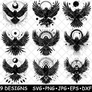Gotische raaf vleugels gespreid donkere cirkel hemelse bol kraai laserbestand SVG PNG JPG grijswaarden afbeelding branden gesneden vector Coaster zwart wit CNC hout