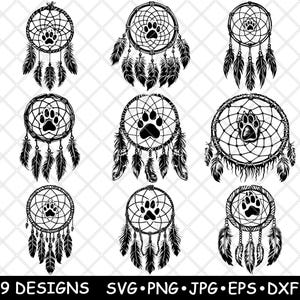 Dromenvanger pootafdruk veren tribal hond singelband Boho laserbestand SVG PNG JPG grijswaarden afbeelding branden gesneden vector Coaster zwart wit CNC hout