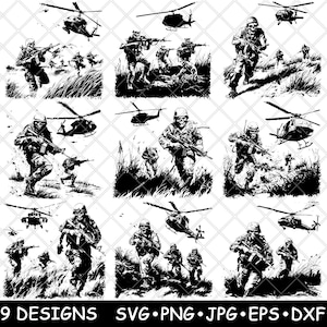 Soldats tête de mort champ de bataille hélicoptère morts combat troupes fichier laser SVG PNG JPG niveaux de gris gravure image coupe vecteur sous-bock noir blanc bois cnc