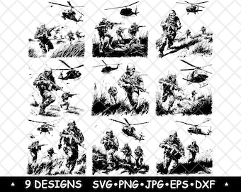 May include: Nine black and white silhouette designs of soldiers in various poses. The soldiers are holding rifles and are in a combat stance. The designs are perfect for creating custom t-shirts, mugs, and other personalized items.