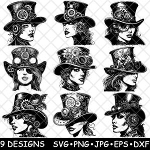 Steampunk vrouw Victoriaanse hoge hoed mechanische uitrusting tandwielen laserbestand SVG PNG JPG grijswaarden afbeelding branden gesneden vector Coaster zwart wit CNC hout