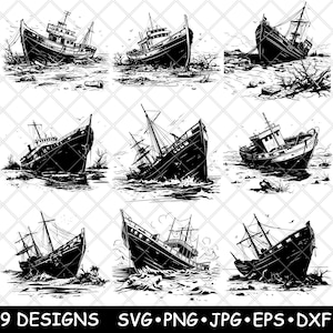 Naufragio encallado, barco hundido, restos, ruinas sumergidas, archivo láser, SVG, PNG, JPG, escala de grises, imagen quemada, corte vectorial, posavasos, blanco y negro, CNC, madera