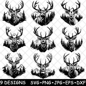Deer Head Elk Mountain Forest Caribou Reindeer Antlers Laser File SVG PNG JPG Grayscale Burn Image Cut Vector Coaster Black White Cnc Wood