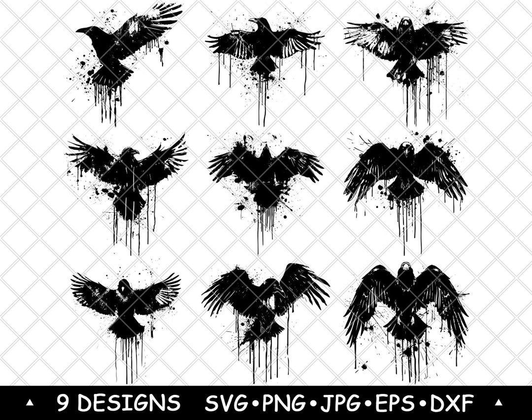 Splattered Ink Crows Flying Dark Gothic Raven Carrion Crow Ink Splatter Drip Laser File SVG ...