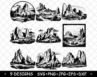 May include: Nine black and white silhouette designs of a mountain range with a river running through the valley. The mountains are tall and jagged, and the river is winding. The designs are perfect for use in crafting projects, scrapbooking, or digital design.
