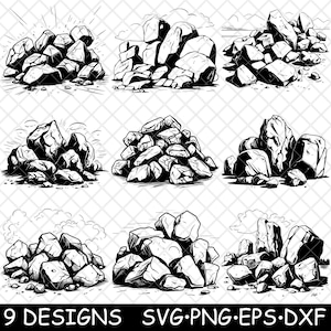 May include: Nine black and white illustrations of different rock formations. Each illustration features a pile of rocks in a different arrangement.