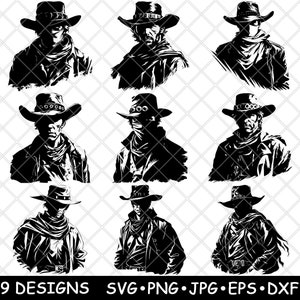 Cowboy Gunslinger Western Frontier Gunfight Lone Ranger fichier laser SVG PNG JPG en niveaux de gris Gravure Image coupe vecteur Coaster noir blanc Cnc bois