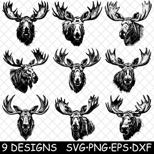 Bull Moose Head Elk Trophy Décor Bois Habitat Faune Cervidés SVG,Dxf,Eps,PNG,Cricut,Silhouette,Cut,Laser,Pochoir,Iron-on,Clipart,Print