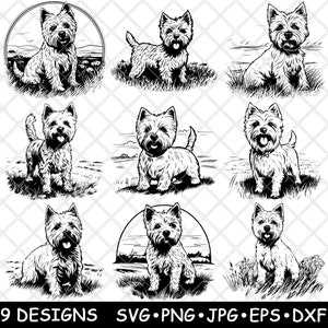 West Highland White Terrier Westie hond kleine puppy schattig huisdier laserbestand SVG PNG JPG grijswaarden branden afbeelding gesneden vector Coaster zwart CNC hout