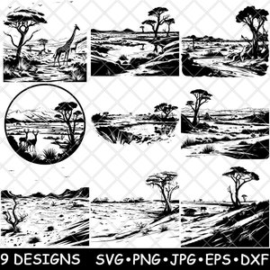 Kalahari Desert Scene Giraffe African Wild Bushveld Dune Laser File SVG PNG JPG Grayscale Burn Image Cut Vector Coaster Black White Cnc Wood