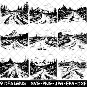 May include: Nine black and white designs featuring winding roads through various landscapes, including mountains and forests. The designs are in a sketch style, with the text "9 DESIGNS SVG PNG JPG EPS DXF" at the bottom.
