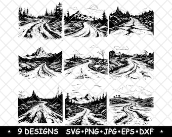 Winding Mountain Road Scenic Forest Trail Alpine Landscape Design Clipart SVG Laser Engraving Art