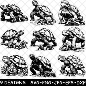 Schildpad familie landschildpad baby's gigantische Galapagos scène laserbestand SVG PNG JPG grijswaarden afbeelding branden gesneden vector Coaster zwart wit CNC hout