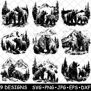 Couple d'ours grizzli Kodiak brun montagne arbre faune fichier laser SVG PNG JPG niveaux de gris gravure image coupe vecteur sous-bock noir blanc bois CNC