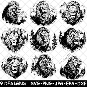 ライオンの頭 ジャングルの王 プライド 雄 咆哮 山 松の木 レーザー ファイル SVG PNG JPG グレースケール 焼き込み画像 カット クリカット コースター 黒 白 CNC 木材
