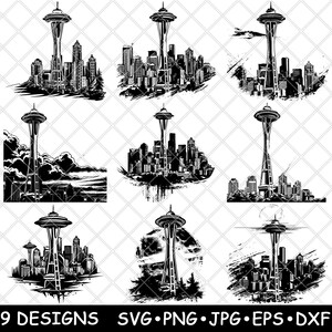 Space Needle Nadel, Nadel, Nadel, Observation Tower, Wahrzeichen Skyline Laser-Datei SVG PNG Brennen Bild Untersetzer Schwarz Weiß Cnc Holz