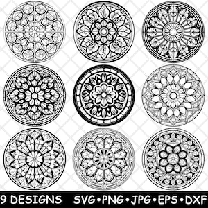 Puede incluir: Nueve diseños circulares en blanco y negro con intrincados patrones geométricos que recuerdan a las vidrieras.
