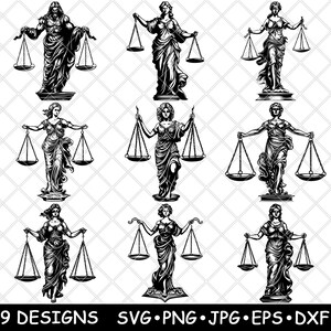 Échelle de justice de la dame équilibre juge de la loi symbole Statue fichier laser légal SVG PNG JPG niveaux de gris gravure image coupe vecteur sous-bock noir blanc bois CNC