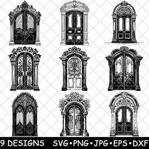 Vintage Viktorianische Tür Mittelalterliche Gothik gewölbte Tür Laser-Datei SVG PNG JPG Graustufen Brennen Bild Schnitt Untersetzer Schwarz Weiß Cnc Holz