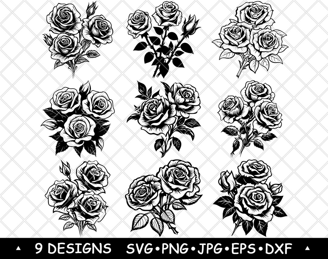 Rose Flower SVG Bundle Floral Bouquet Clipart Black and White Vector ...