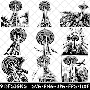 Space Needle Nadel, Nadel, Nadel, Observation Tower, Wahrzeichen Skyline Laser-Datei SVG PNG Brennen Bild Untersetzer Schwarz Weiß Cnc Holz