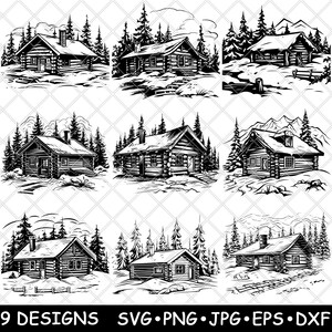 Blokhut leven besneeuwde winter bos retraite huis berg laserbestand SVG PNG JPG grijswaarden afbeelding branden gesneden vector Coaster zwart wit CNC hout