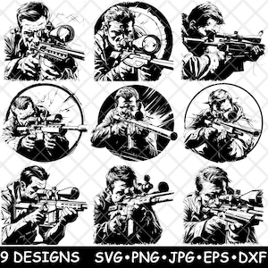 Sniper Militar Homem Rifle Arma Atirador Tático Atirador Laser Arquivo SVG PNG JPG Tons de Cinza Queimado Imagem Corte Vetor Coaster Preto Branco Cnc Madeira