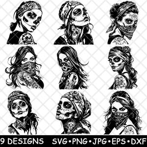 Femme crâne en sucre Calavera visage tatouage bandana fichier laser mexicain SVG PNG JPG niveaux de gris gravure image coupe vecteur sous-bock noir blanc bois Cnc