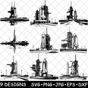 Kennedy Space Center NASA Rocket Shuttle Launch Field Laser-bestand SVG PNG JPG grijswaarden afbeelding branden gesneden vector Coaster zwart wit CNC hout