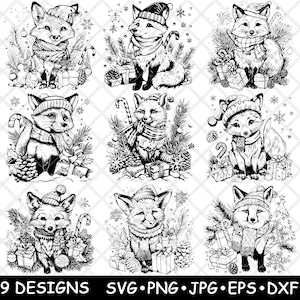 Scène de Noël renard festif chapeau cadeau écharpe animal d'hiver fichier laser SVG PNG JPG en niveaux de gris image de gravure coupe vecteur sous-verre noir blanc cnc bois