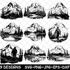 Op de afbeelding: Negen zwart-witte silhouetontwerpen van een bergketen met een meer en bomen. Sommige ontwerpen bevatten een wandelaar met een rugzak.