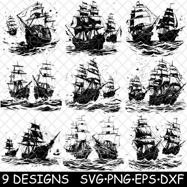 Bateau pirate bataille mers orageuses galion navire océan tempête haute SVG, Dxf, Eps, PNG, Cricut, Silhouette, coupe, Laser, pochoir, fer à repasser, clipart, impression