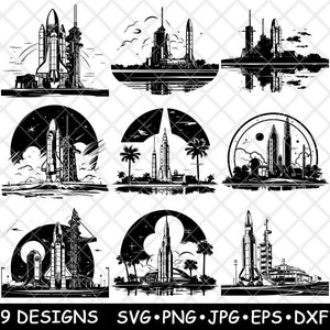 NASA Kennedy Space Center, lancement de la fusée Cap Canaveral, astronaute SVG, Dxf, Eps, PNG, Cricut, Silhouette, Découpe, Laser, Pochoir, Autocollant, Clipart, Impression