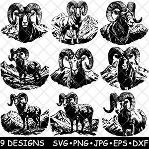 Testa di pecora delle Montagne Rocciose Ariete Animale Montagna Fauna selvatica File laser SVG PNG JPG Scala di grigi Brucia Immagine Taglia Vettore Sottobicchiere Nero Bianco Cnc Legno