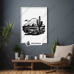 May include: Black and white illustration of a desert landscape with a large cactus in the center. The sun is setting behind the mountains in the background.