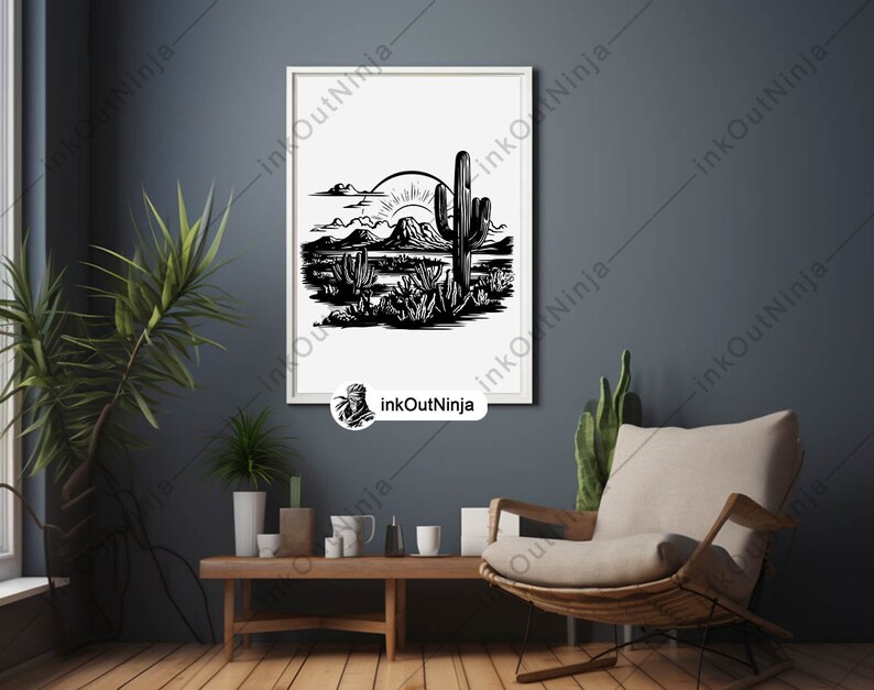 May include: Black and white illustration of a desert landscape with a large cactus in the center. The sun is setting behind the mountains in the background.