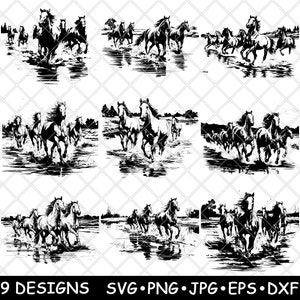 Pferde Herde Laufen Galopp Araber mustang mustang See Szene Untersetzer Schwarz Weiß SVG,Dxf,Eps,PNG,Glowforge,Cut,Laser,Gravur,Eisen,Aufbügeln