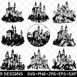 May include: Nine black and white silhouette designs of Neuschwanstein Castle in Germany. The castle is depicted on a mountain with trees and a lake. The designs are in various styles, including a circular design with a mountain range in the background.