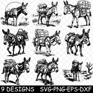 Esel Pack Maultier Burro Geladener Esel Mini Pferd Esel Wüste Laserdatei SVG PNG JPG Graustufen Brennen Bild Schnitt Vektor Untersetzer Schwarz Weiß Cnc Holz