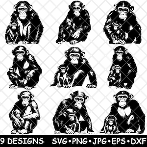 Chimpansee primaat aap aap makaak baby moeder ouder laserbestand SVG PNG JPG grijswaarden afbeelding branden gesneden vector Coaster zwart wit CNC hout