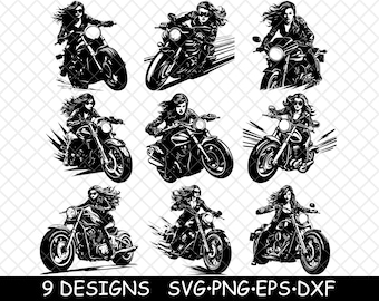 May include: Nine black and white vector illustrations of women riding motorcycles. Each illustration features a woman in a leather jacket and jeans riding a motorcycle with a classic design. The illustrations are perfect for use in digital designs, prints, and crafts.