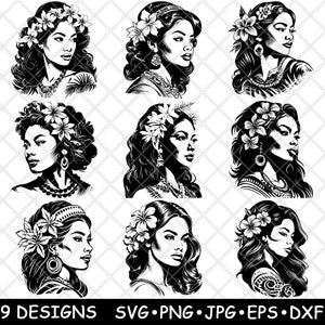 Polynesische vrouw Hawaii Pacific Islander Tongaanse Samoaanse laserbestand SVG PNG JPG grijswaarden afbeelding branden gesneden vector Coaster zwart wit CNC hout