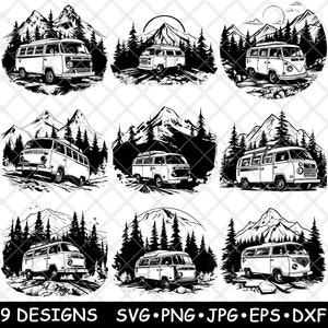 Könnte beinhalten: Neun Schwarzweißillustrationen eines Vintage-Wohnmobils, das durch eine Berglandschaft fährt. Jede Illustration zeigt eine andere Bergszene mit Bäumen und einem Wohnmobil.