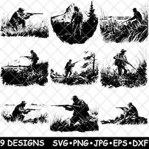 Homme chasse tracker carabine braconnier jeu forêt scène fichier laser SVG PNG JPG niveaux de gris gravure image coupe vecteur sous-bock noir blanc bois cnc