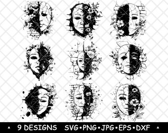 Floral Theater Mask SVG Bundle Cracked Dual Face Clipart Gothic Identity Designs Laser Engraving