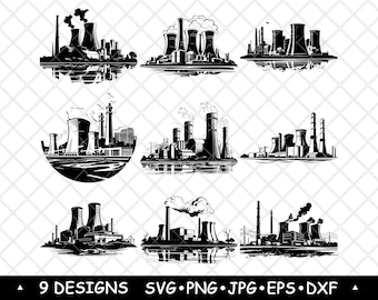 Pakiet SVG elektrowni jądrowej, wieża chłodnicza, clipart, energia przemysłowa, wektor, grawerowanie laserowe